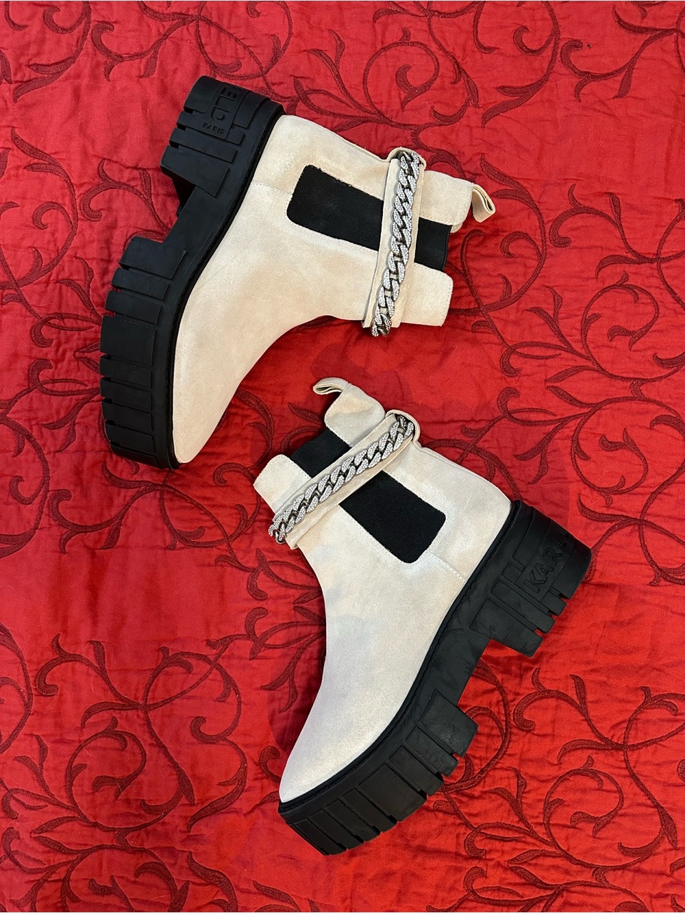 Karl Lagerfeld Cream Suede Chelsea Boots with Silver Chain